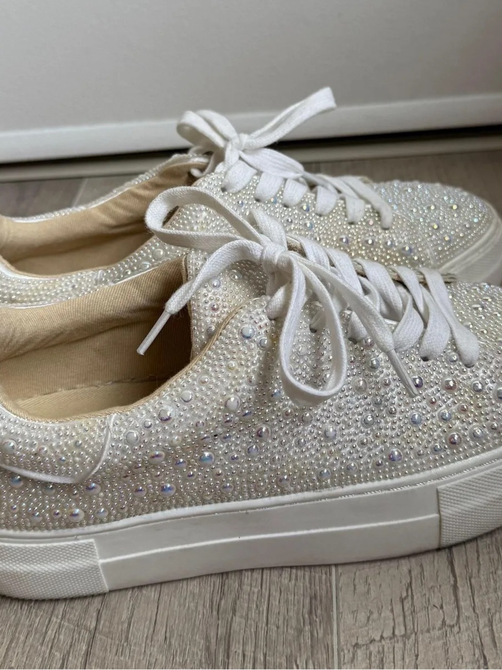 Betsey Johnson White Crystal & Pearl Embellished Lace-Up Sneakers